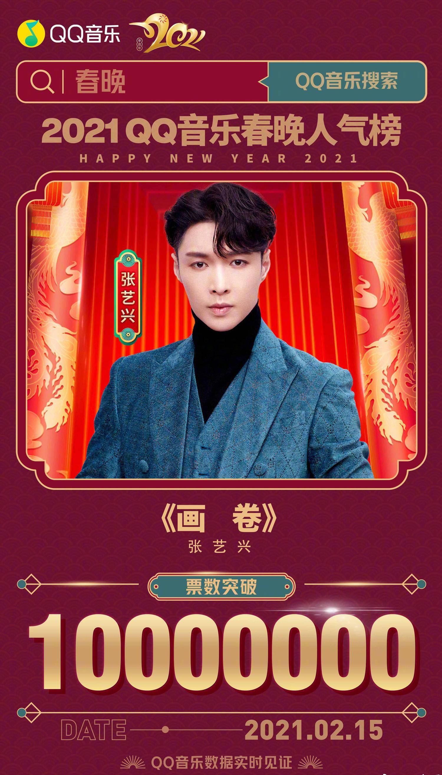 张艺兴原创歌曲《画卷》在qq音乐2021春晚人气榜乐力值破千万