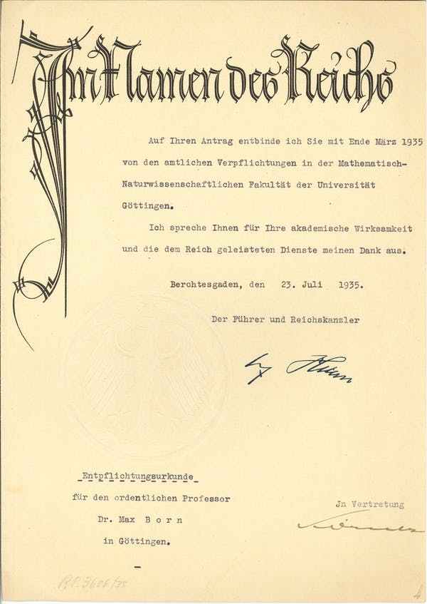 1935年7月23日,正式解除玻恩教授职位的希特勒签名信
