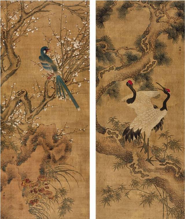 美品 掛け軸 ①桜井浩堂作 紅白梅に鶯図 ②荒木静昌作 南天に福寿草図 老梅愈老愈精神——古代梅花诗画，太惊艳了！_王谦