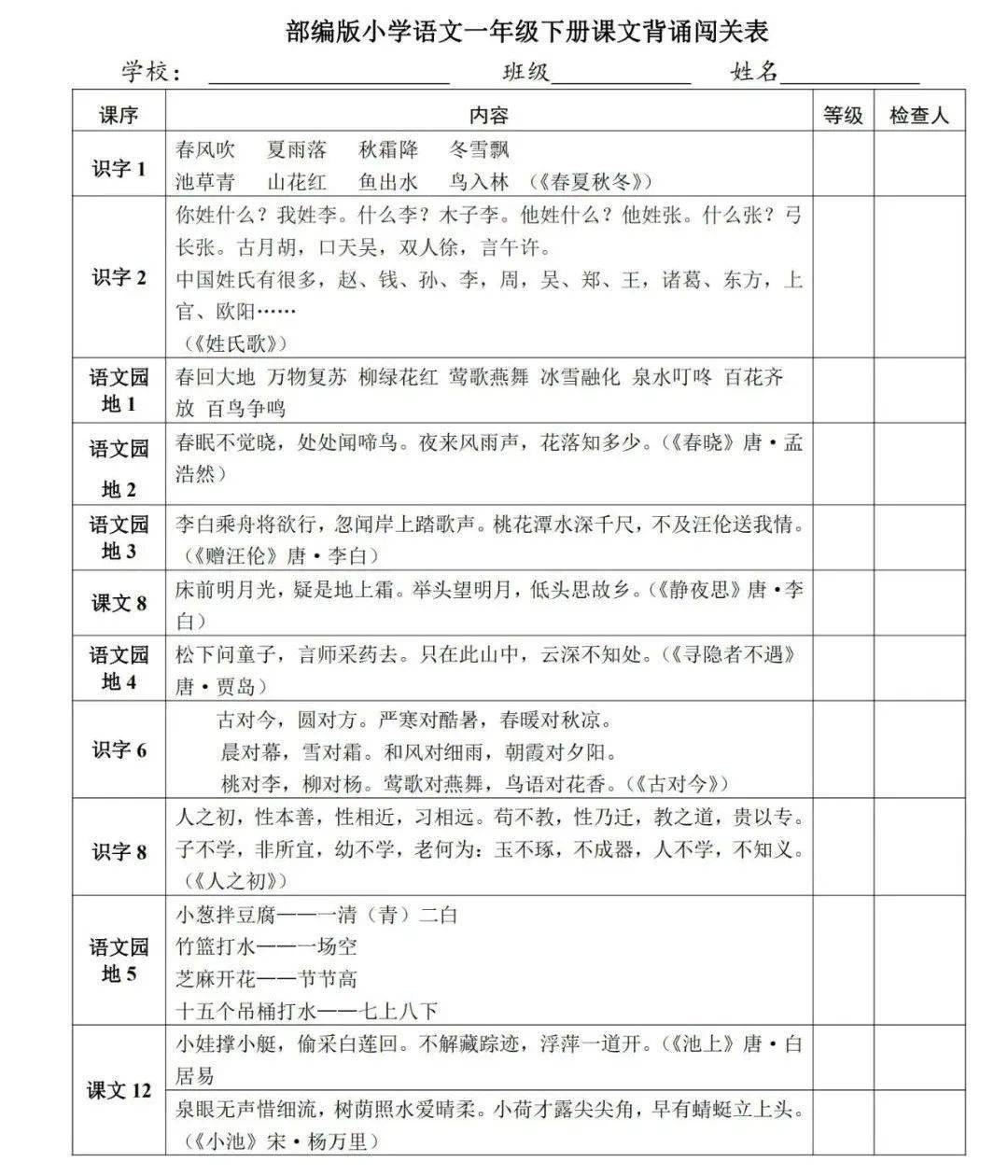 部编版语文1-6年级下册背诵闯关表