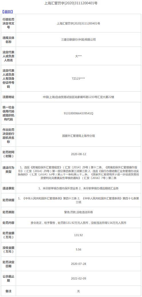 三菱日联银行(中国)存两宗违法 遭外汇局罚没