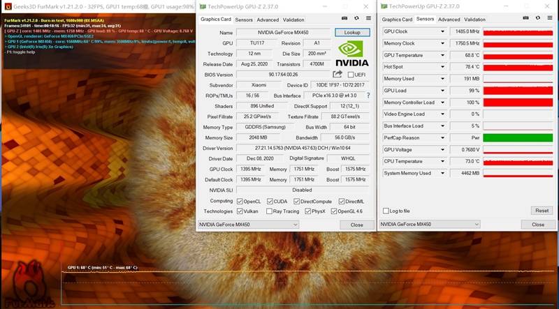 保持在100%,核心频率也1485mhz,从这里的表现也能看出是满血mx450