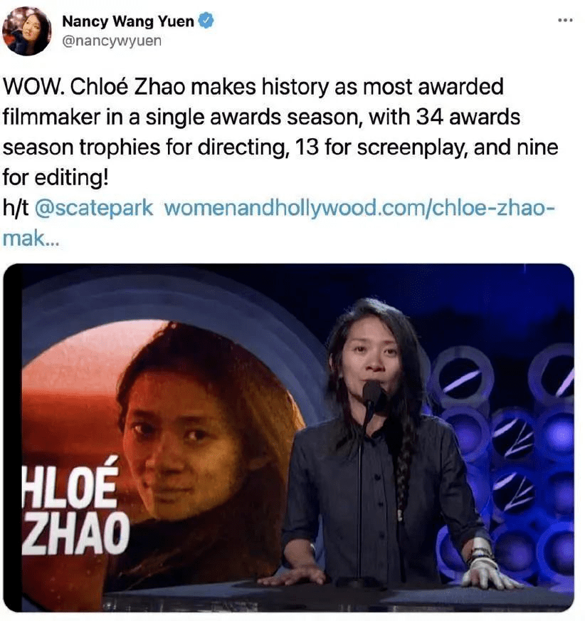 称赞她创造了历史,戳视频一起来看↓赵婷在获奖感言中引用了《无依之