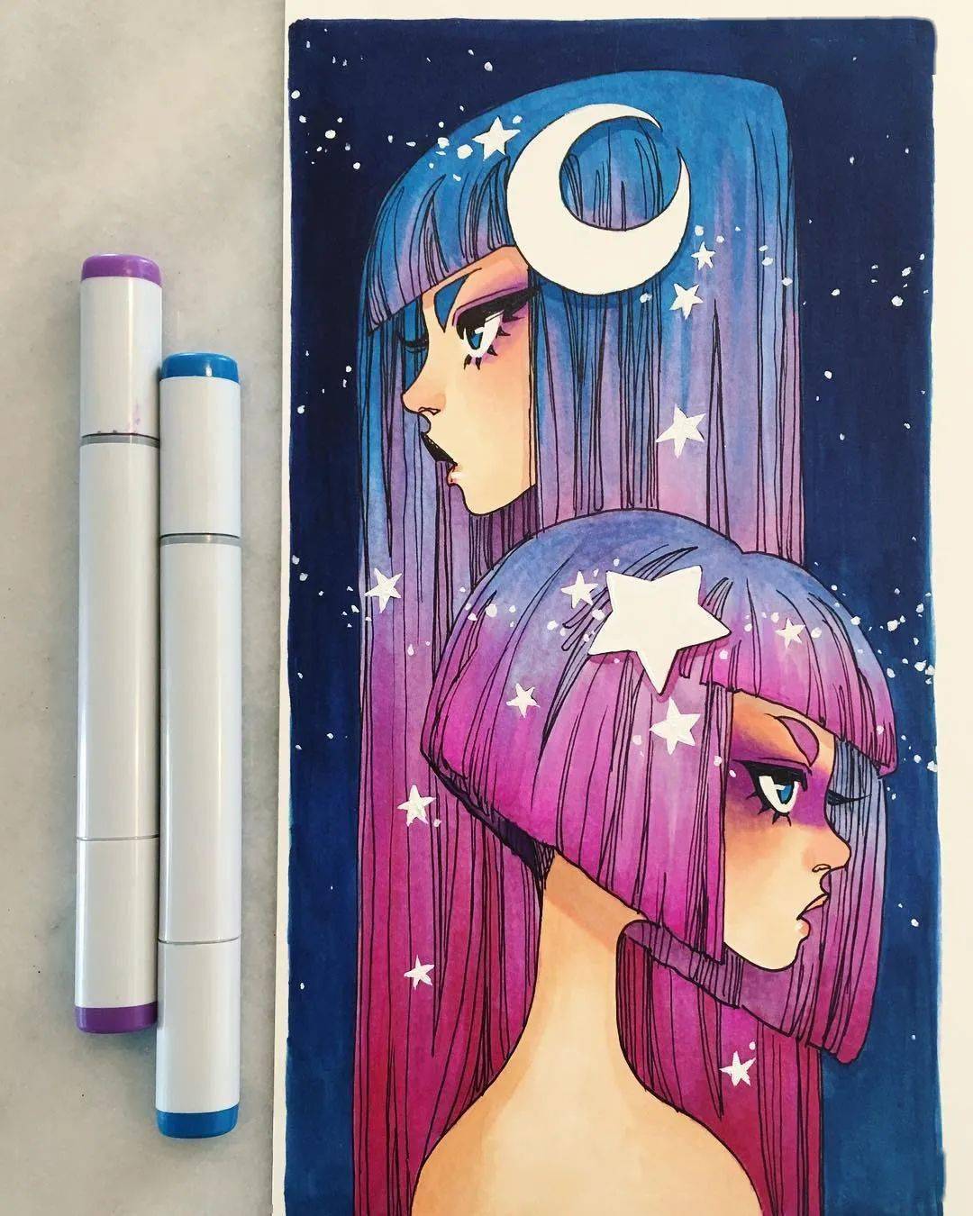 画风非常有意思的马克笔女生插画