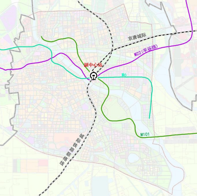 m101線,m22(平谷線),京唐城際,市郊鐵路中心線等多條地鐵,高鐵線路