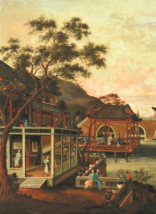 18世纪 荔湾风景图布面广东油画(局部)
