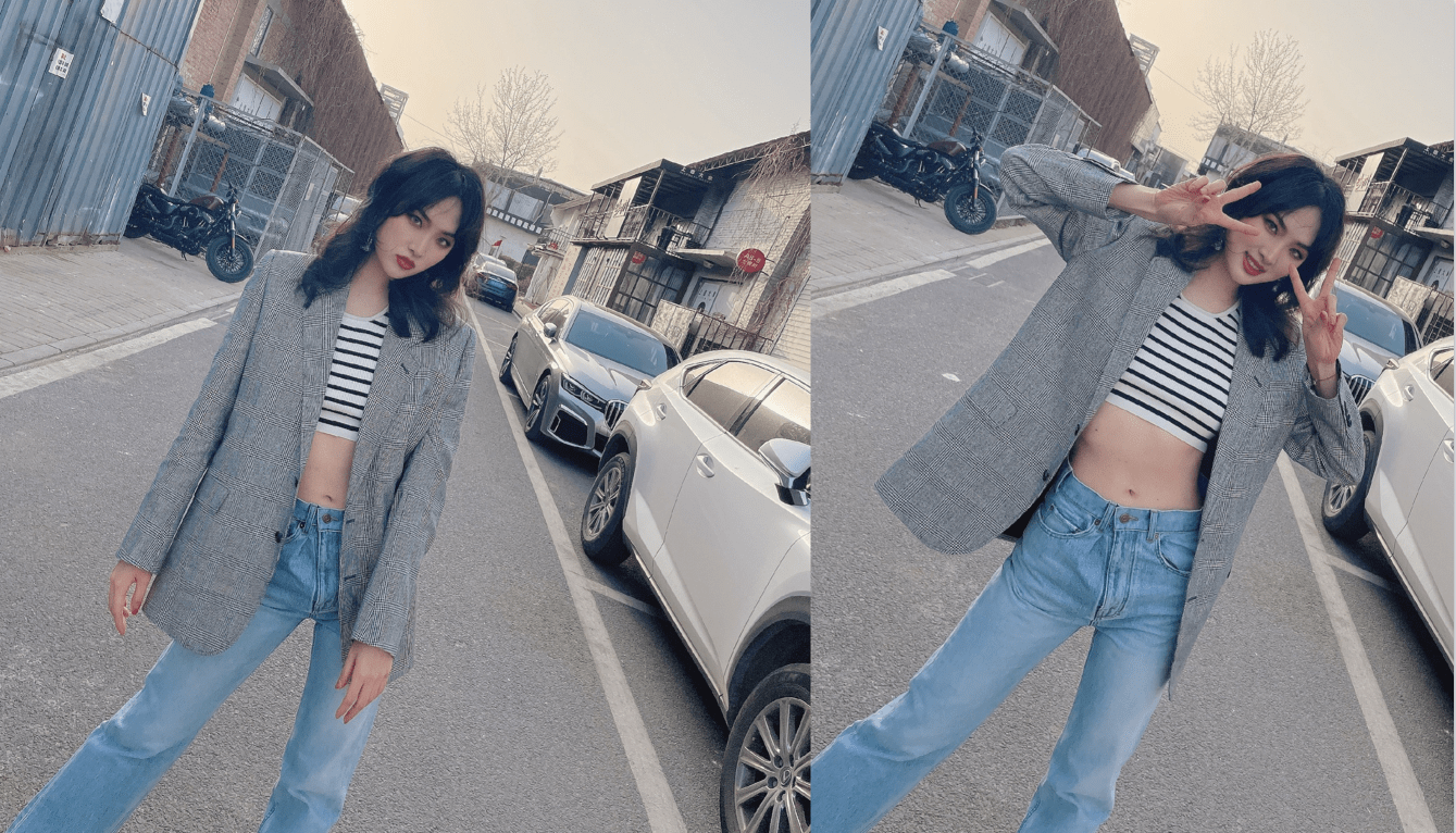 姚安娜生图与精修图差别挺大,脸部圆润表情僵硬,但穿西装还挺飒