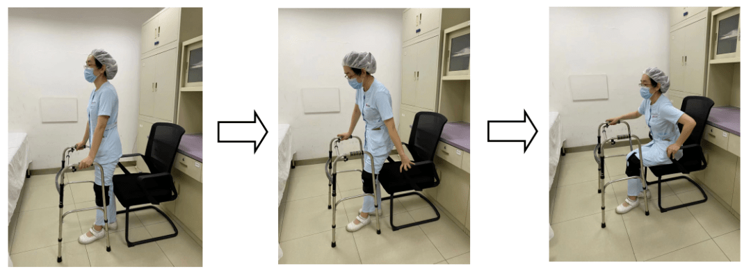直至脚后跟触碰到椅子③健侧手扶着助行器,患侧手按着椅边慢慢坐下6