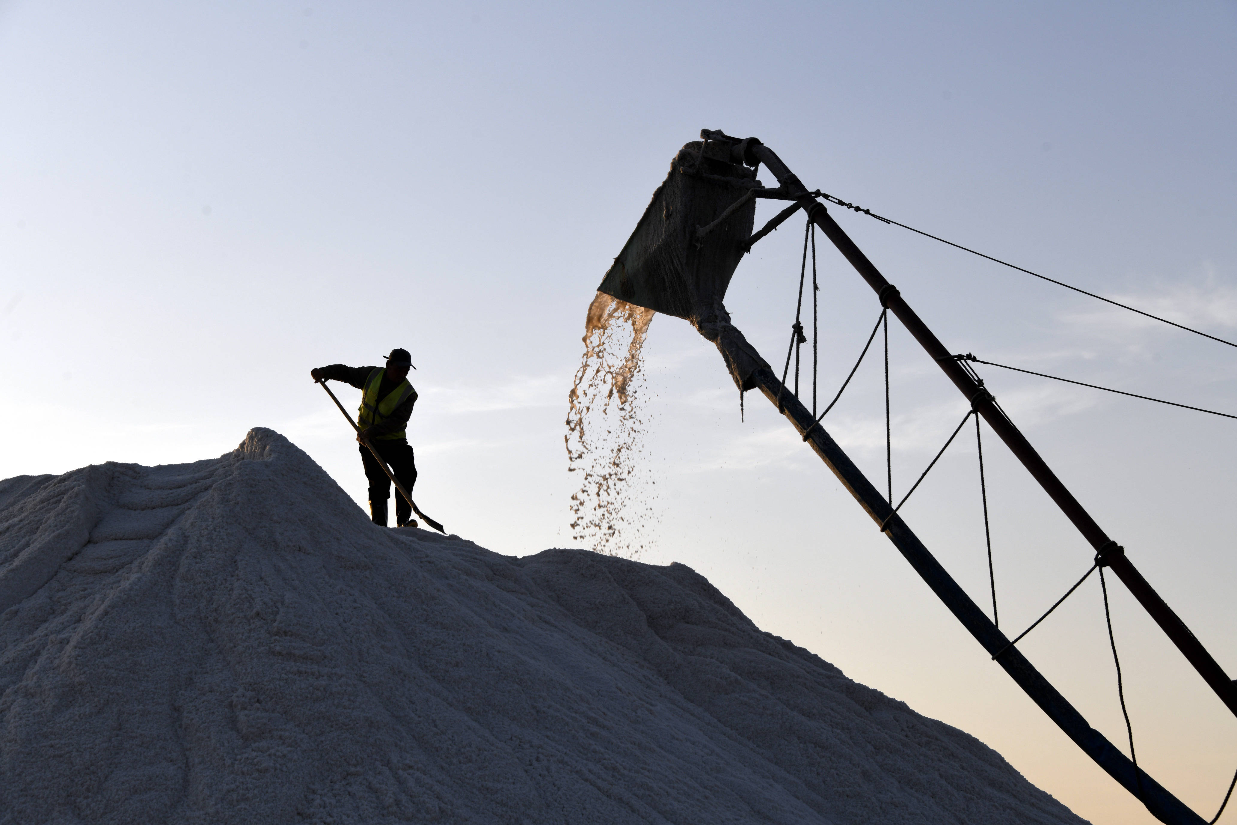 5月18日,工人在山东滨州市沾化区滨海镇金盛海洋盐场收获春盐(无人机