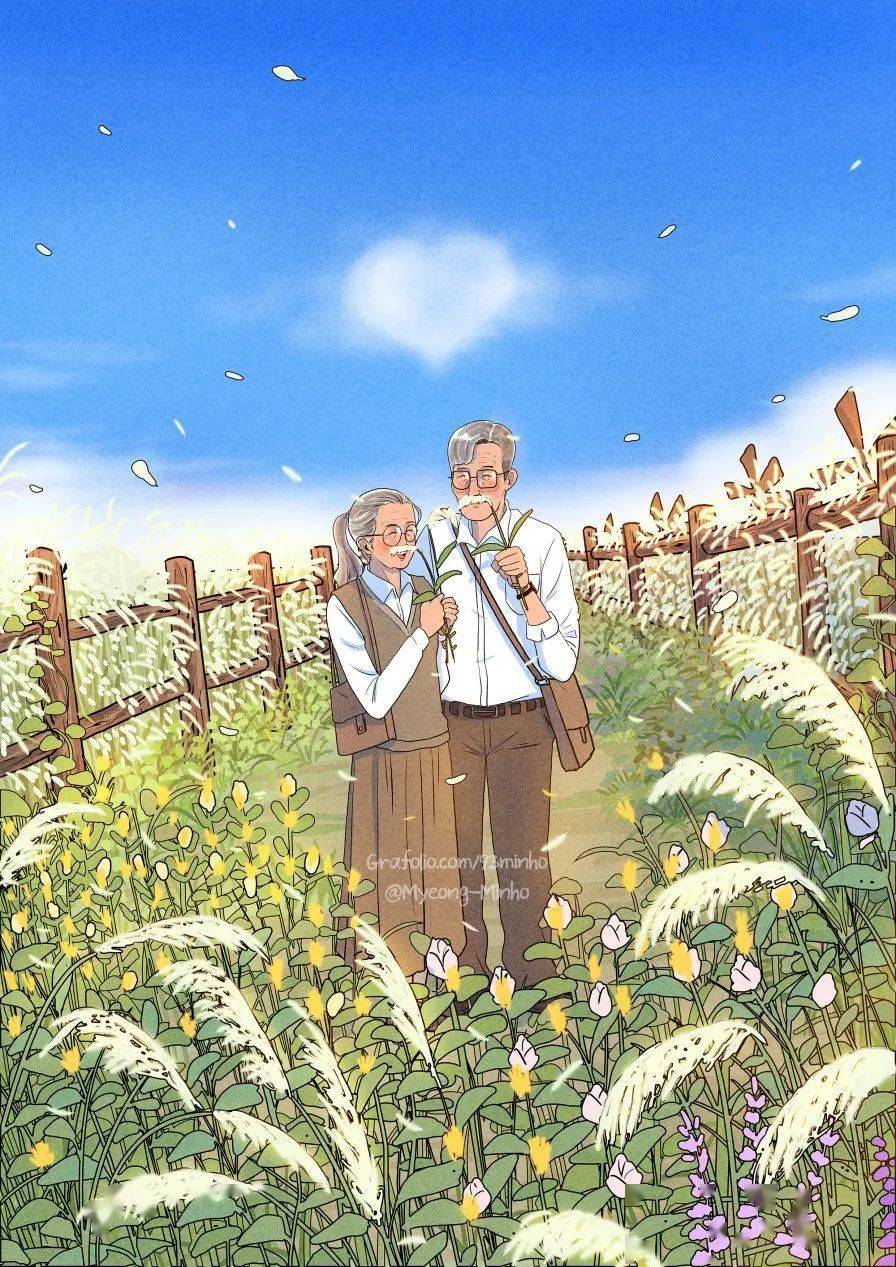 myeong minho 还创作了一组"恋爱到老"系列插画白发苍苍的两人依然没