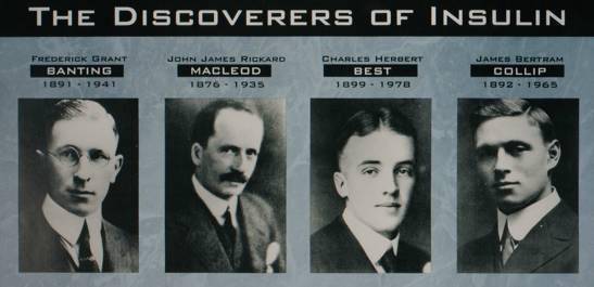 为胰岛素做出重要贡献的四位科学家,从左到右一次是:班廷,麦克劳德