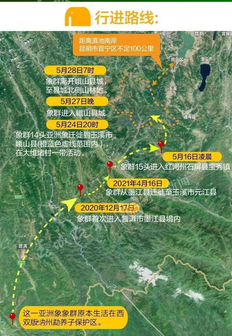 西双版纳国家级自然保护区的17头亚洲象群从普洱市墨江县迁徙至玉溪市
