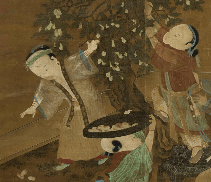 宋 佚名《扑枣图》局部,台北故宫博物院藏没有盘子