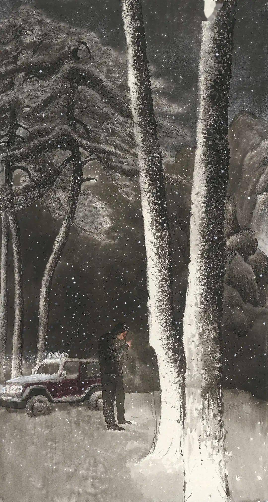 这是秦修平的作品画面,一个虚构的情景,亦是水墨少一些"负重