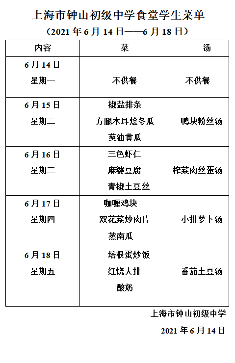 上海市钟山初级中学食堂学生菜单 21年6月14日 6月18日 Zscj