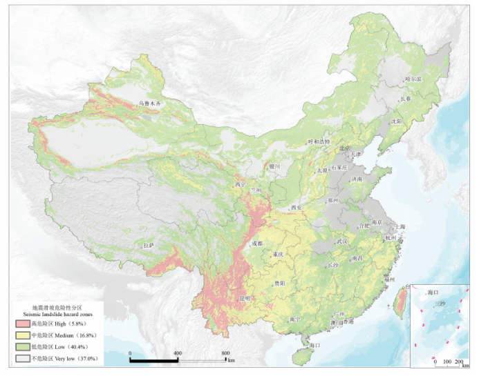 中國地震滑坡危險性綜合分區圖中國的地震活動強烈,山區面積約佔全國