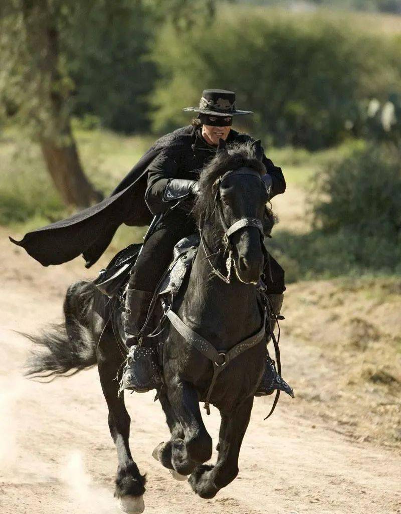 佐罗骑着马挥舞黑鞭击倒开枪的士兵,并在他们后背抽出一个"z",用鞭子