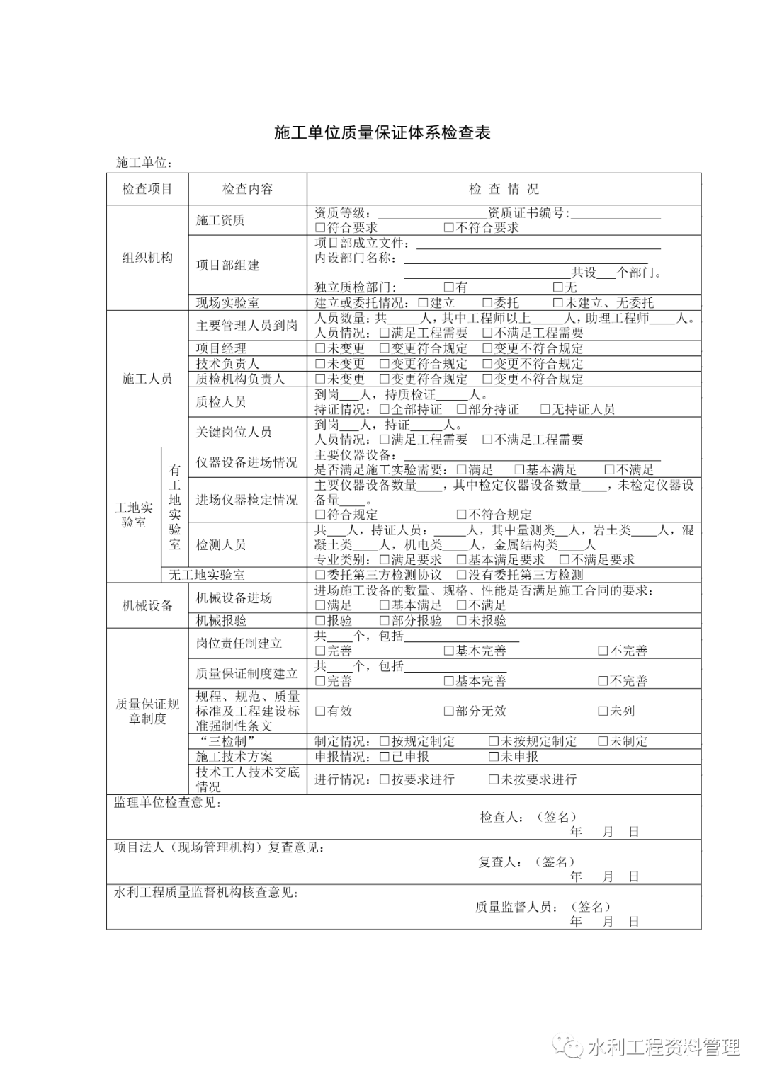 水利工程质量体系检查表