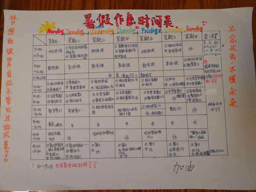 希望同学们在暑期中能够遵守自己制定的暑期作息时间表,科学合理安排