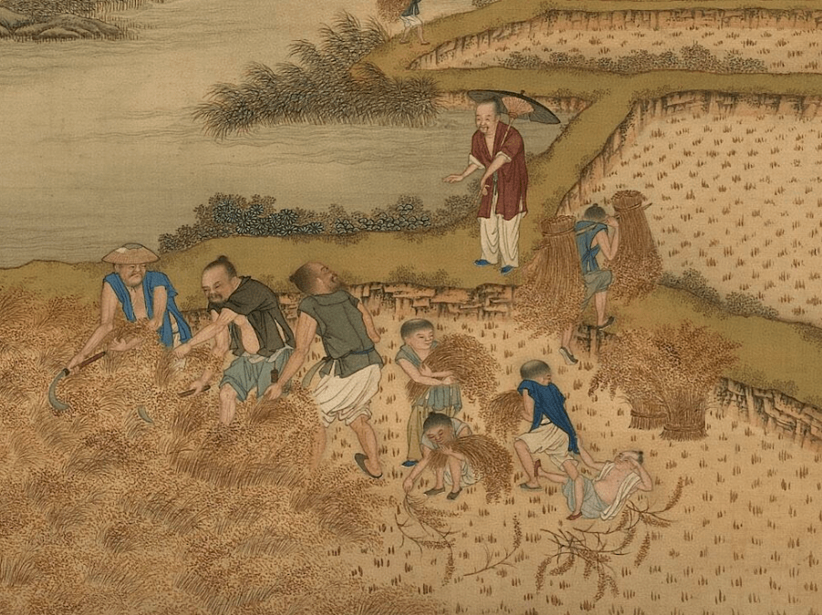 《耕织图》 清 冷枚《耕织图》里的农夫,也几乎是清一色的短袖短裤,乍