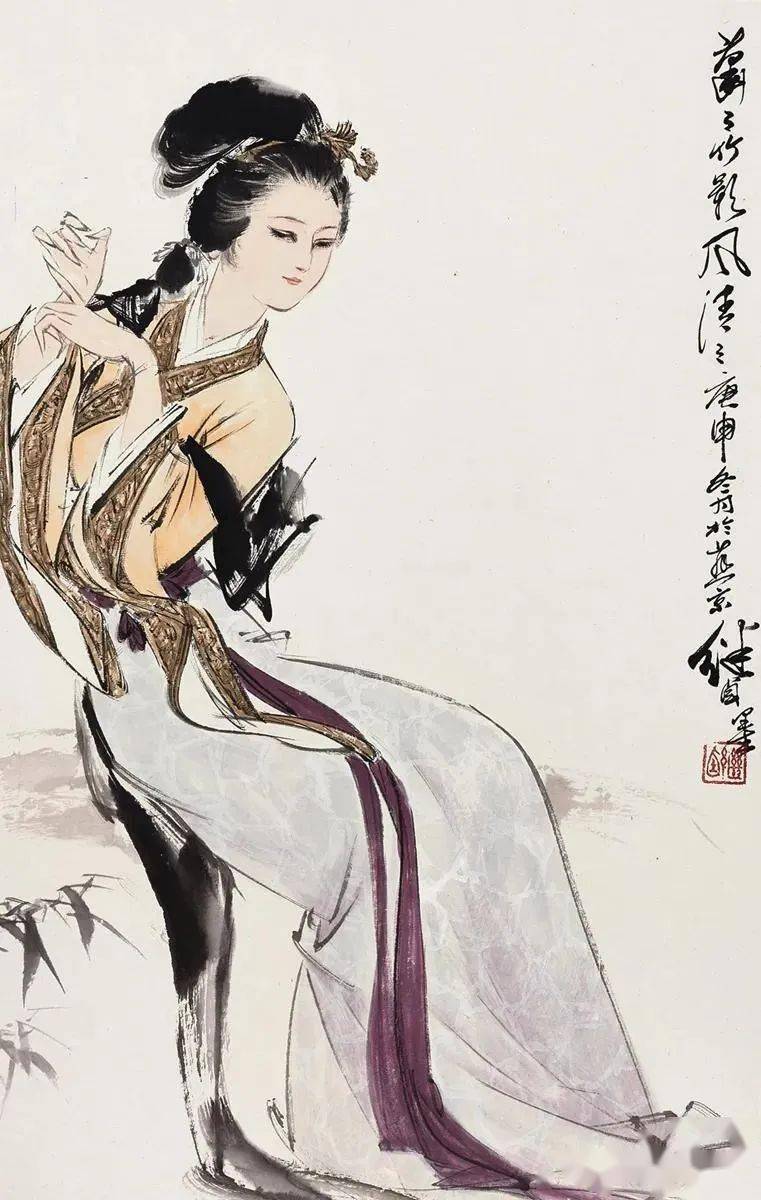 刘继卣画的人物仕女,多为工笔与写意相结合,在其绚丽多彩和准确造型的