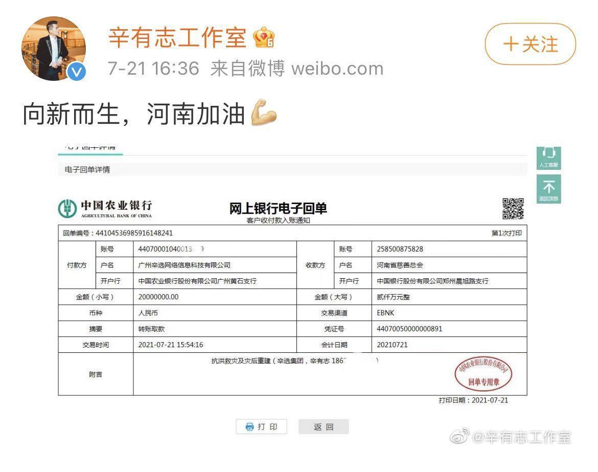 辛有志向河南省慈善总会捐款2000万元