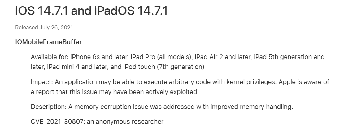苹果iOS/iPadOS 14.7.1正式发布 修复Touch ID解锁BUG