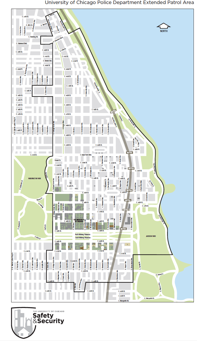 以上图片显示芝加哥大学校警全部负责范围,除校园外其余地段与芝加哥