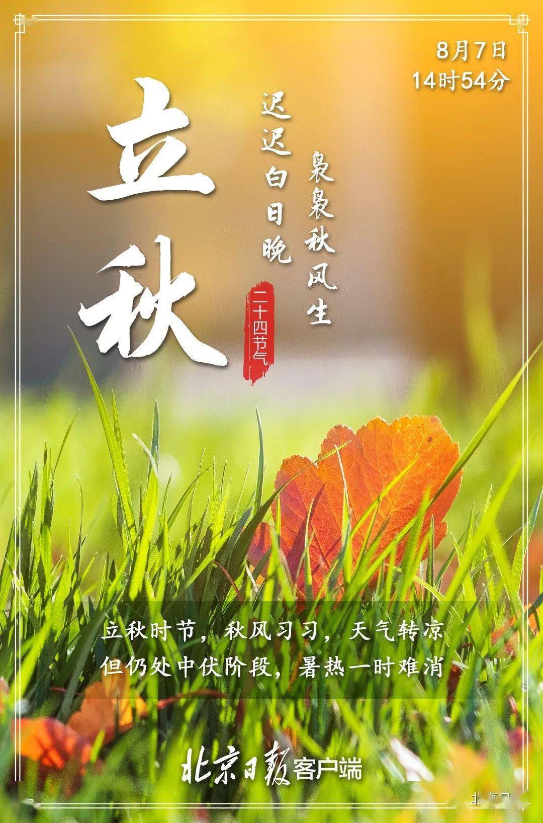 8月7日14时54分  将迎来立秋节气 二十四节气中的第十三个节气 也是
