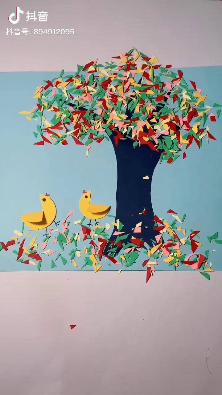 创意美术废纸料制作树下的小鸡仔创意手工diy每日亲子陪伴
