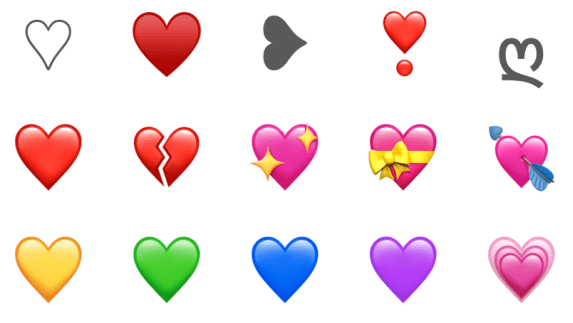 上图:emoji等表情符号成为一种新的流行语言,其中爱心成为我们日常最