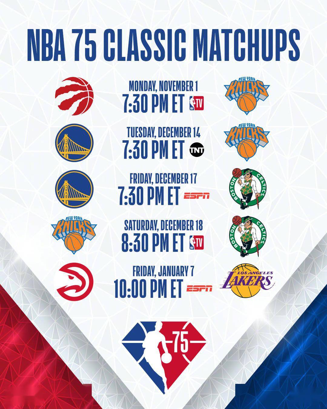 快船|2021-22赛季NBA赛程出炉，将进行75周年纪念赛