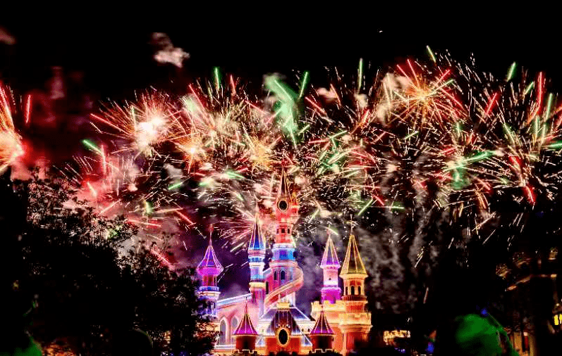 有夜场的方特太美了绚烂的烟花在空中绽放如置身梦幻王国方特点亮欢乐