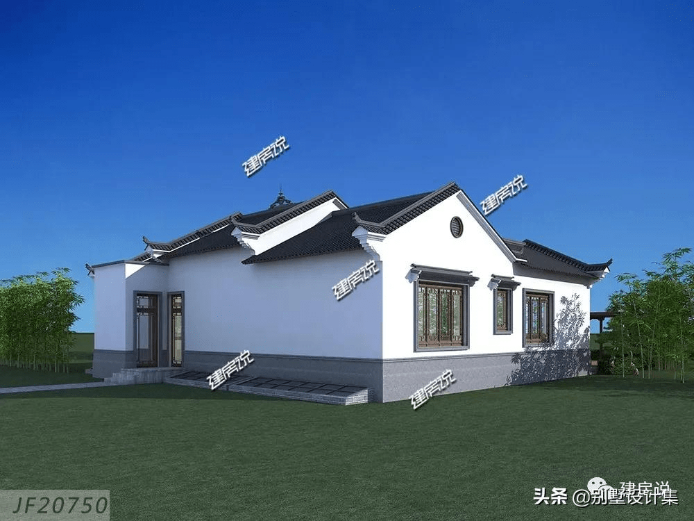 一层中式别墅开口式三合院的造型直观简约干净利落