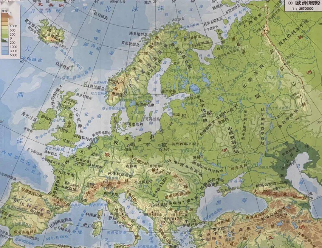 欧洲地形分布图高清图片