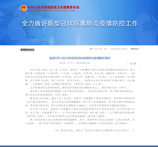 福建|国家卫健委：9月14日新增新冠肺炎确诊病例73例 其中本土病例50例