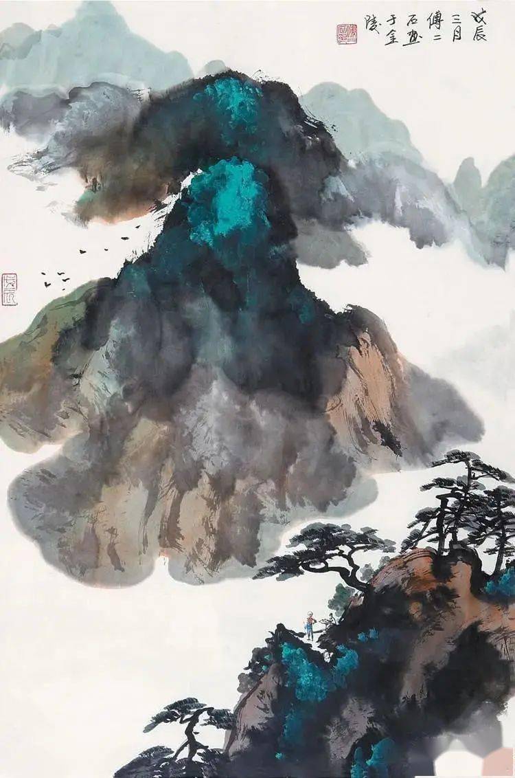 傅二石山水画欣赏傅二石具有十分高超的用墨技巧,他的山水画中,墨色多