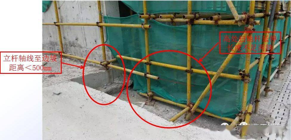 4)当立杆基础不在同一高度上时,必须将高处的纵向扫地杆向低处延长两