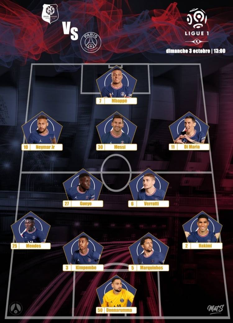 巴黎vs雷恩首发:内马尔,梅西,姆巴佩,迪马利亚先发