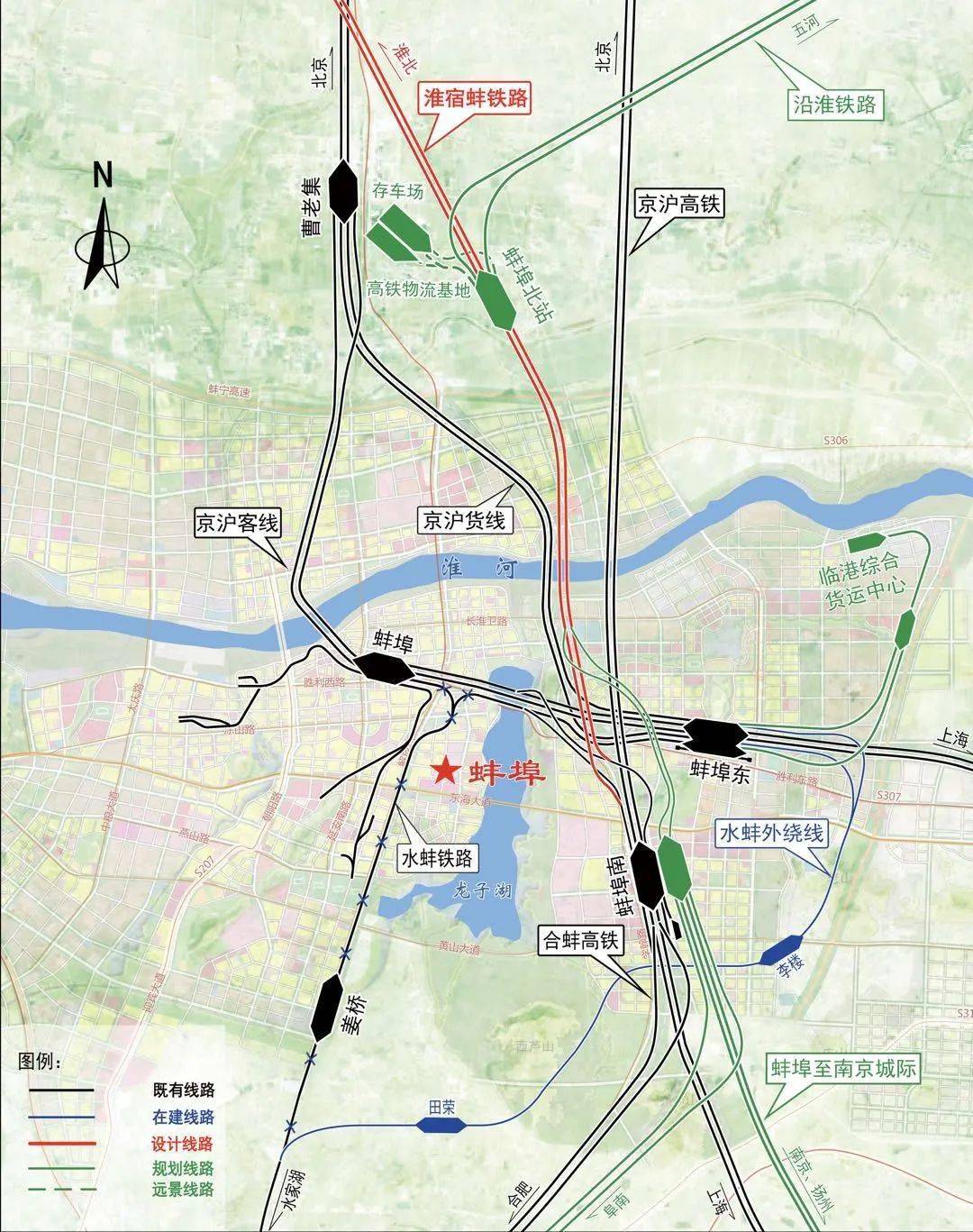 以上图是蚌埠铁路枢纽的最新图,从中可见,蚌埠南站引入淮宿蚌高铁外