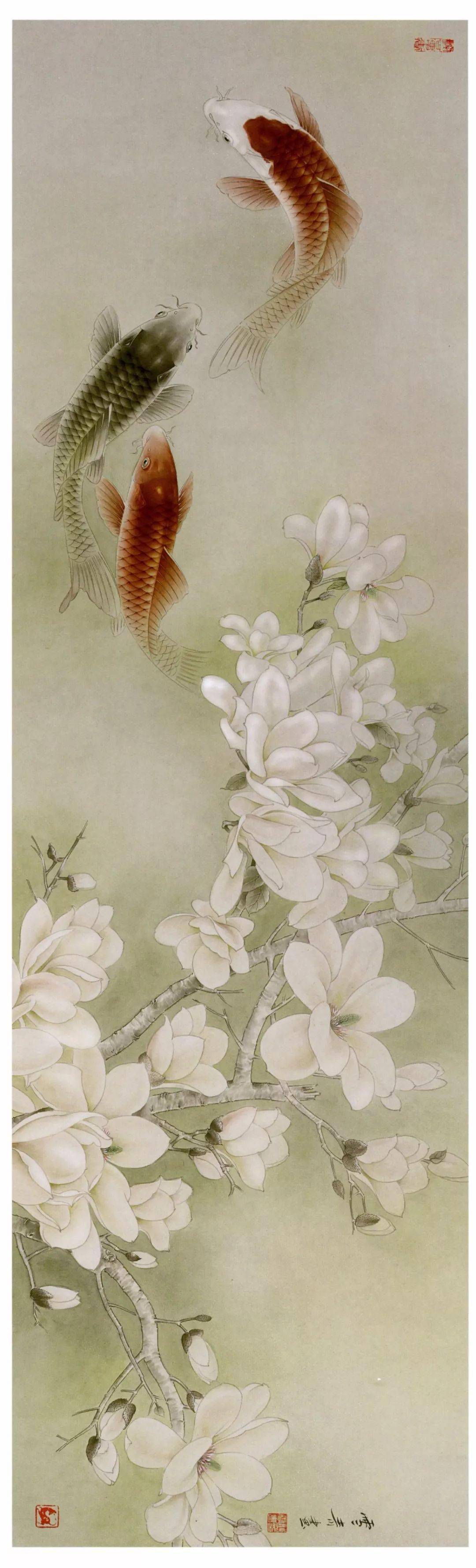 工笔画玉兰鲤鱼绘制步骤