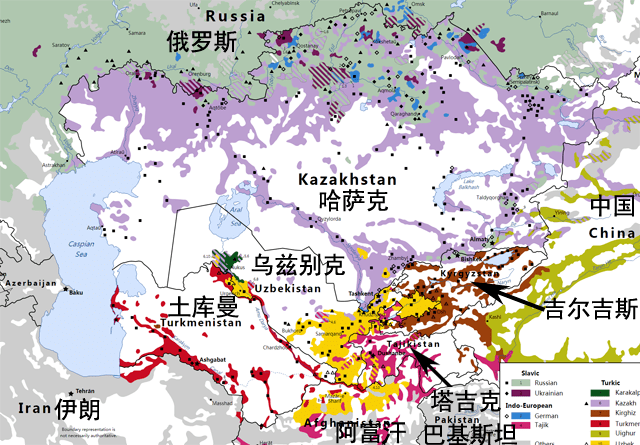 中亚的民族分布,可以看出费尔干纳盆地人口密集,民族成分复杂192昴 