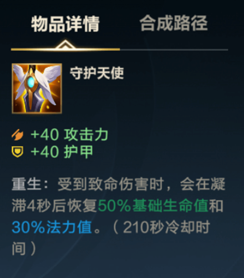 守护天使是战士和adc英雄的常用装备,因为它超强的被动效果,在你受到