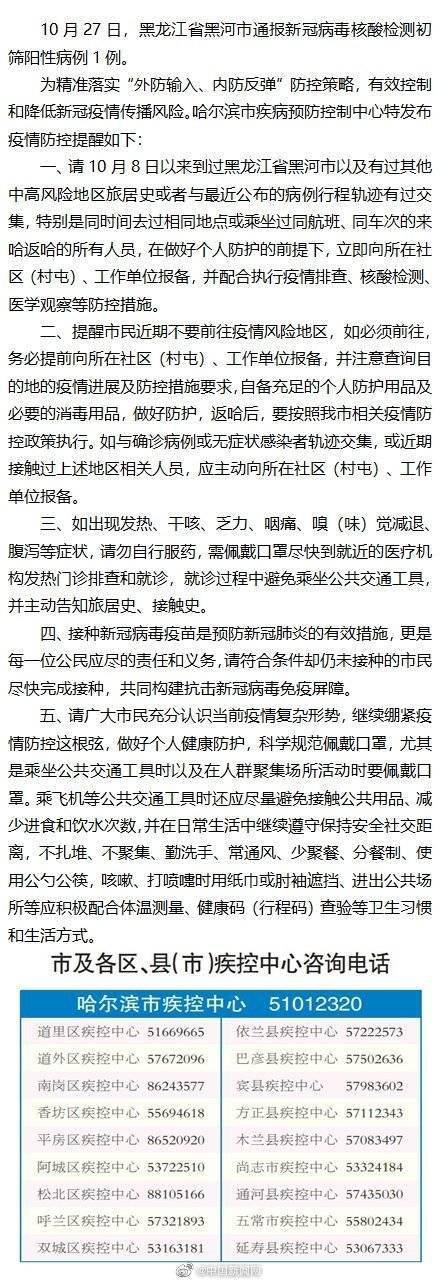 初筛|黑龙江省黑河市通报新冠病毒核酸检测初筛阳性病例1例