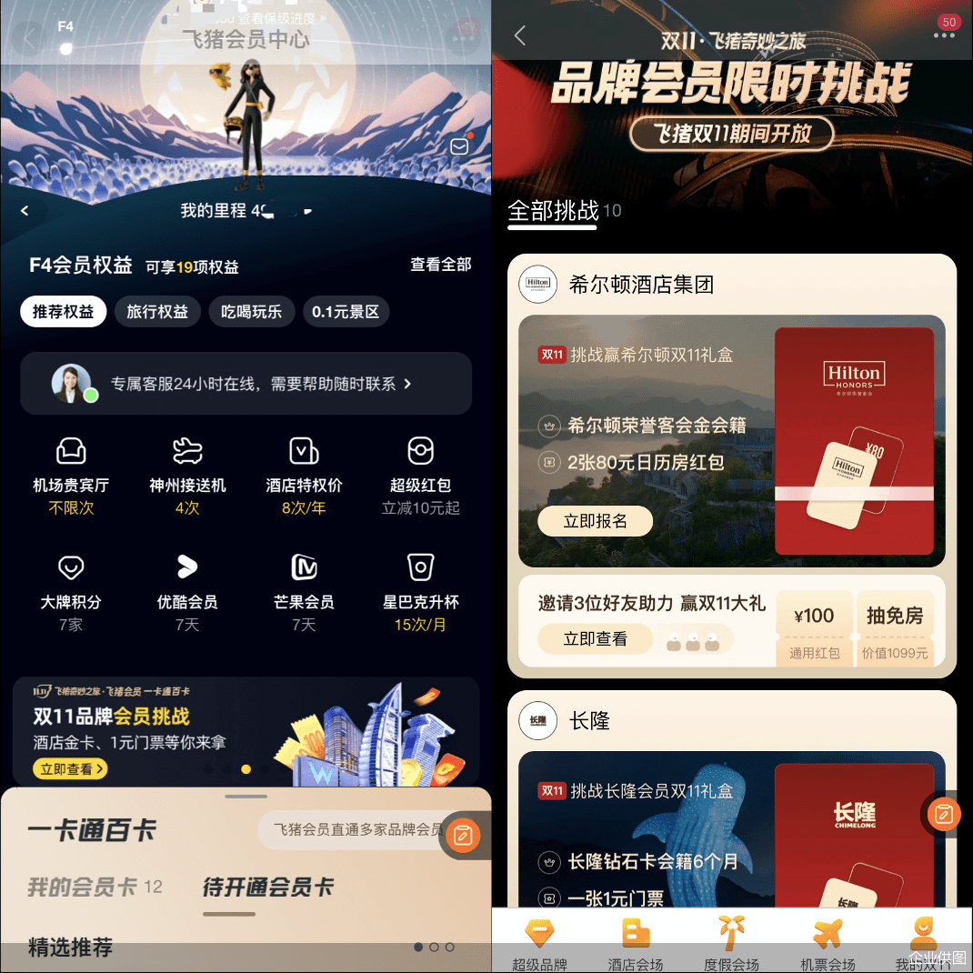 门票|希尔顿快速升金、长隆1元门票、万豪奖励里程……双11飞猪会员很香