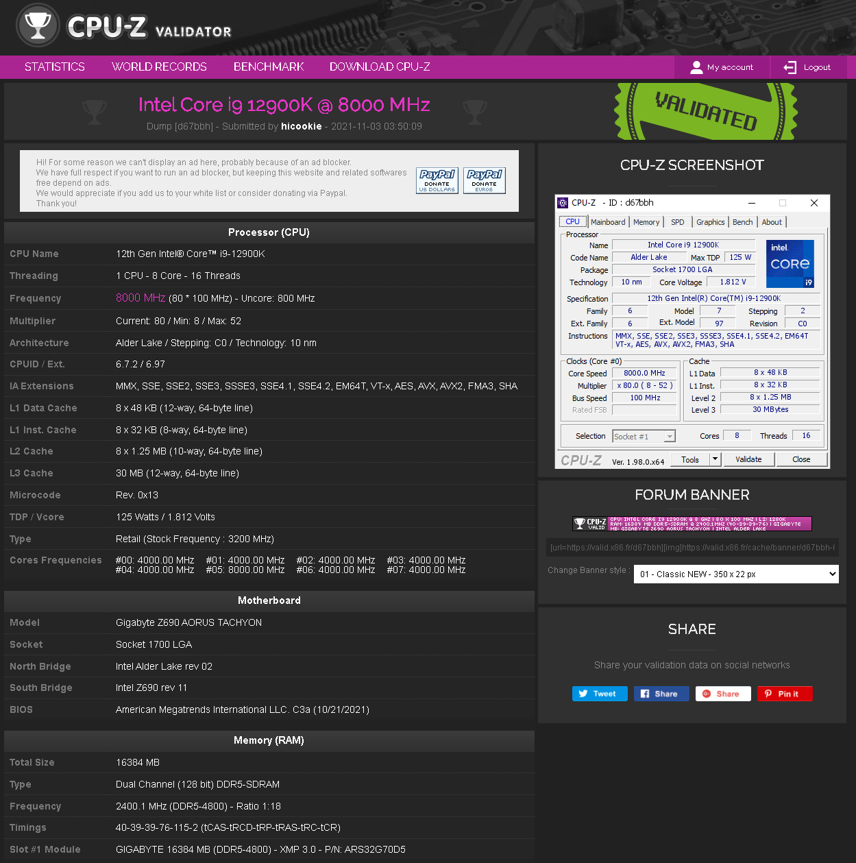 信息|英特尔酷睿i9-12900K现超频至8GHz，同时 DDR5 内存超至8300 MT/s