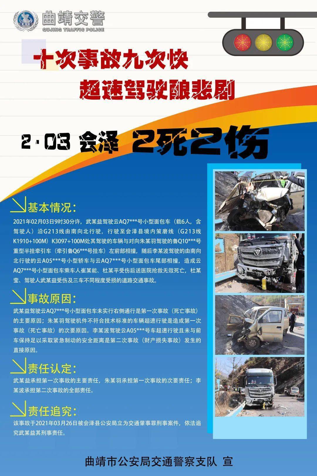长鸣曲靖交警发布2021年全市道路交通事故典型案例警示教育主题海报