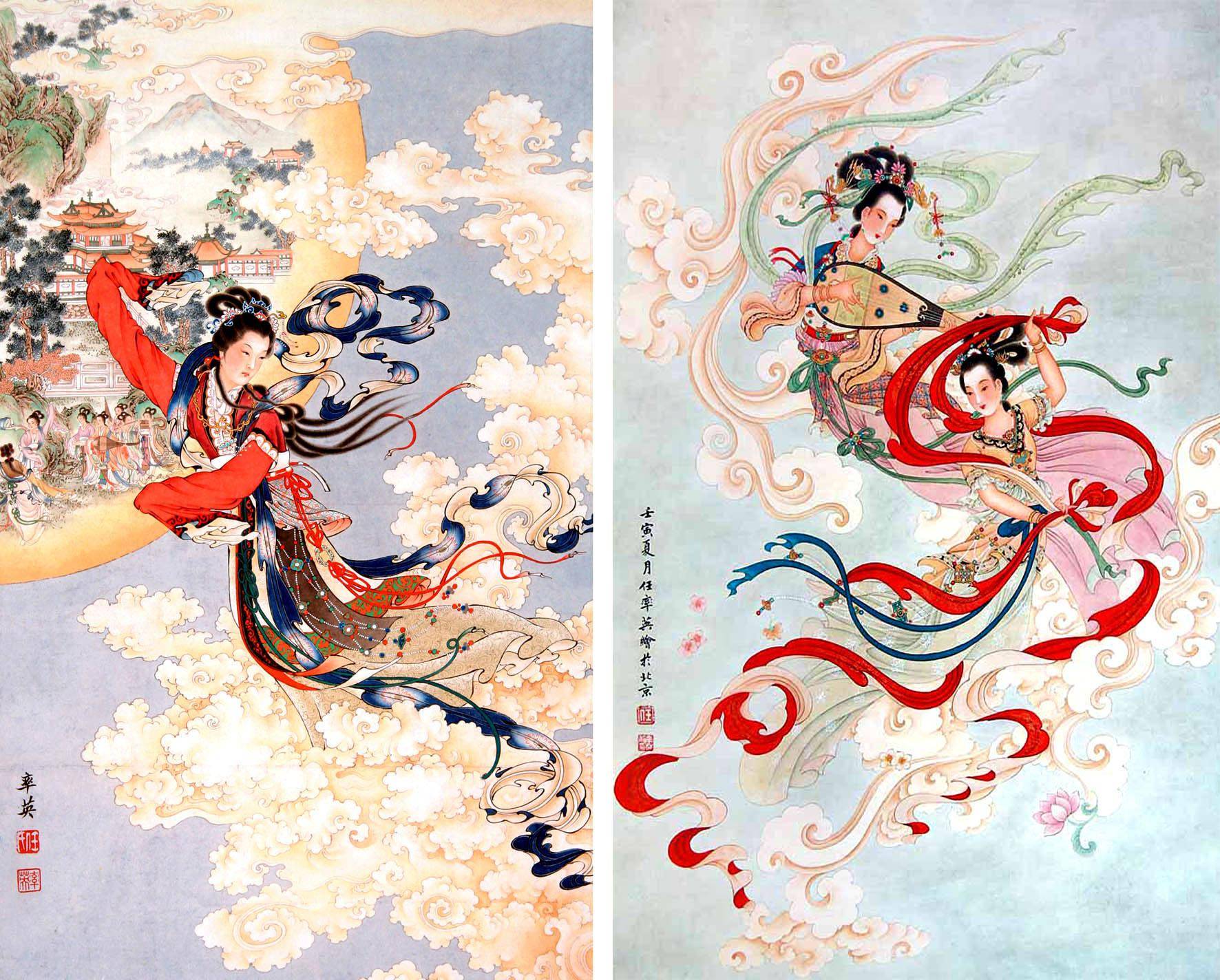 工笔画家任率英代表作嫦娥奔月与飞天工笔画家任率英代表作红线盗盒与