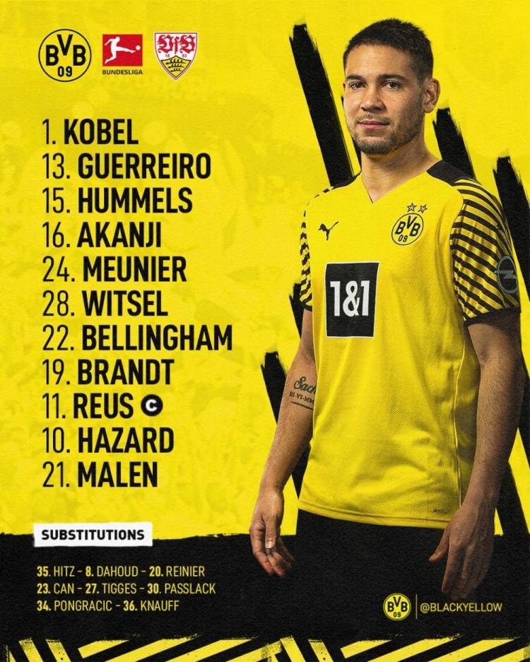 陣容|多特vs斯圖加特首發(fā)：羅伊斯領(lǐng)銜，小阿扎爾馬倫在列，遠藤航出戰(zhàn)