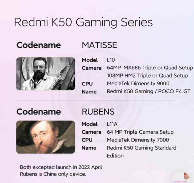 Redmi K50 Gaming 系列曝光：搭载天玑 9000/7000